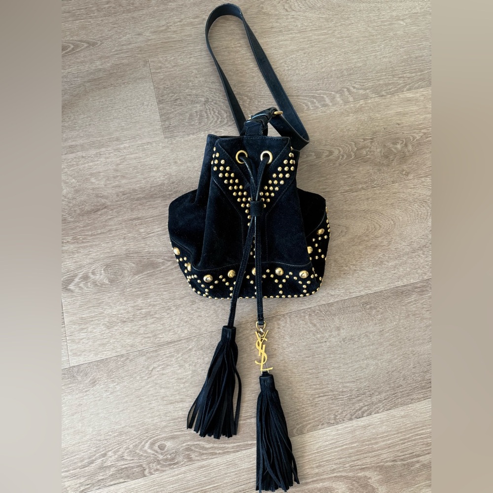 Authentic Yves Saint Laurant Bucket Bag Black Suede with gold studs